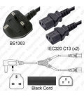 Power Cord Gulf States BS1363 Male Plug Angled Down to IEC60320 x2 C13 Black 2.0 Meter / 6.5 Feet 10 Amp 250 Volt H05VV-F3G1.0