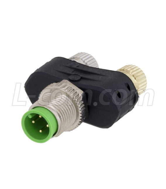 M12 4 Position A-Code Male to 2x M8 3 Position Female T Coupler
