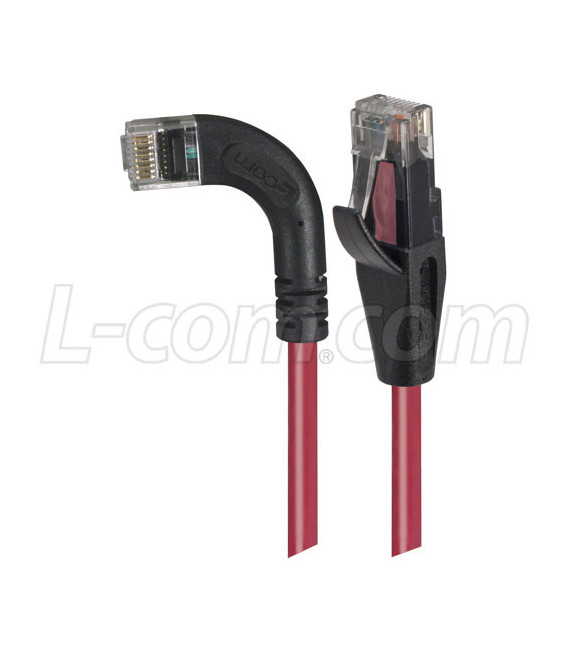 Category 6 Right Angle RJ45 Ethernet Patch Cords - Straight to RA (Left) - Red, 15.0Ft