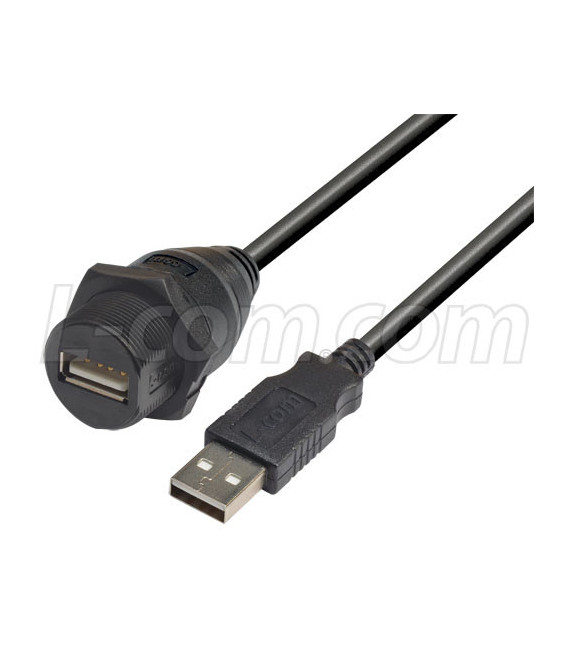 USB Cable, Waterproof Panel Mount Type A Female - Standard Type A Male, 1.0m